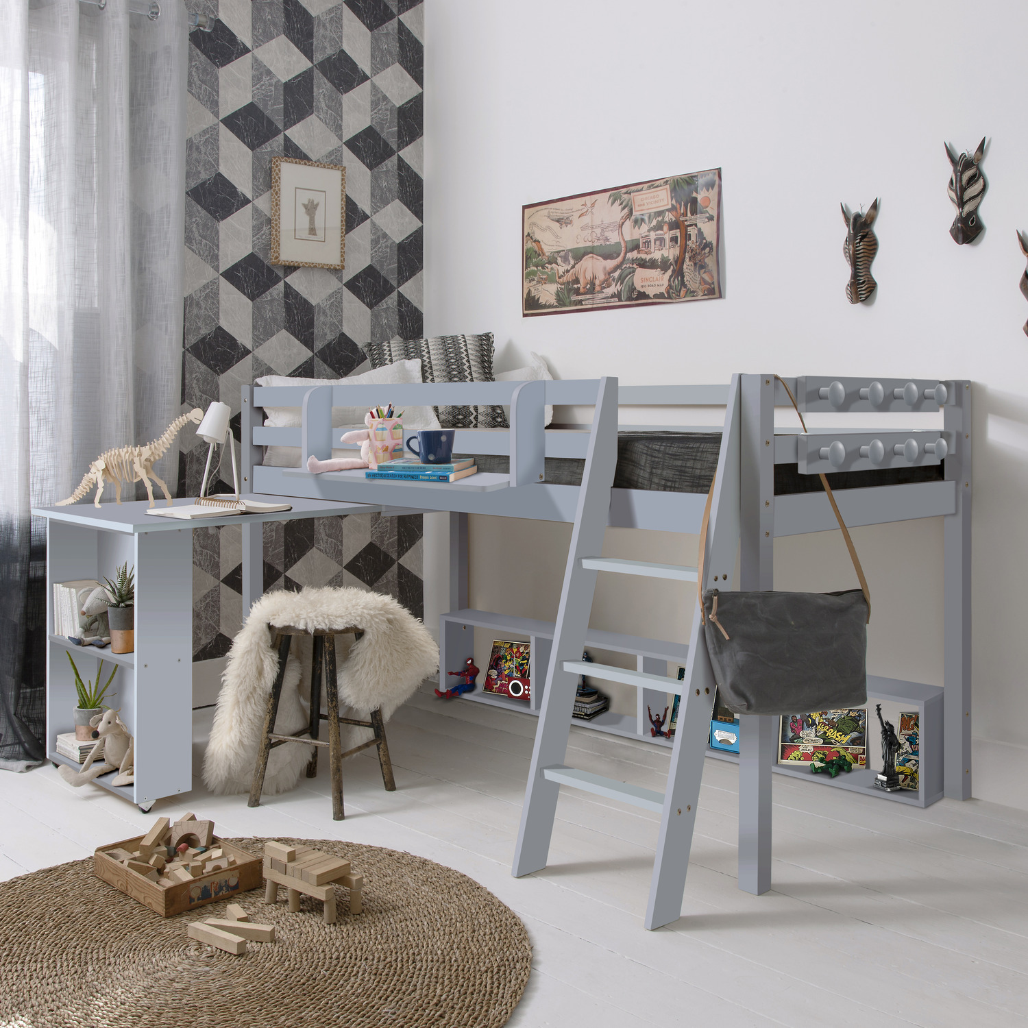 Moro Cabin Bed Midsleeper With Pullout Desk Shelving Complete Package - Grey
