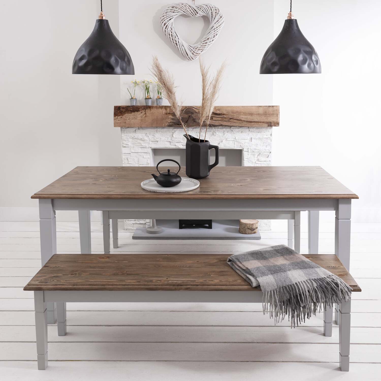 Canterbury 140cm Dining Table And 2 Benches In Grey And Pine - Grey