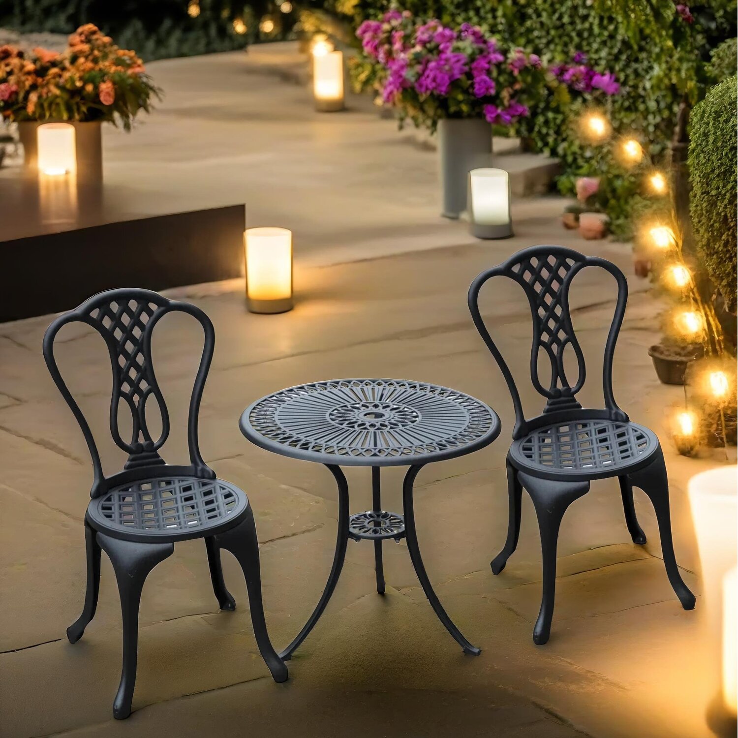 Set Of 3 Cast Aluminium Bistro Table And Chair - Black