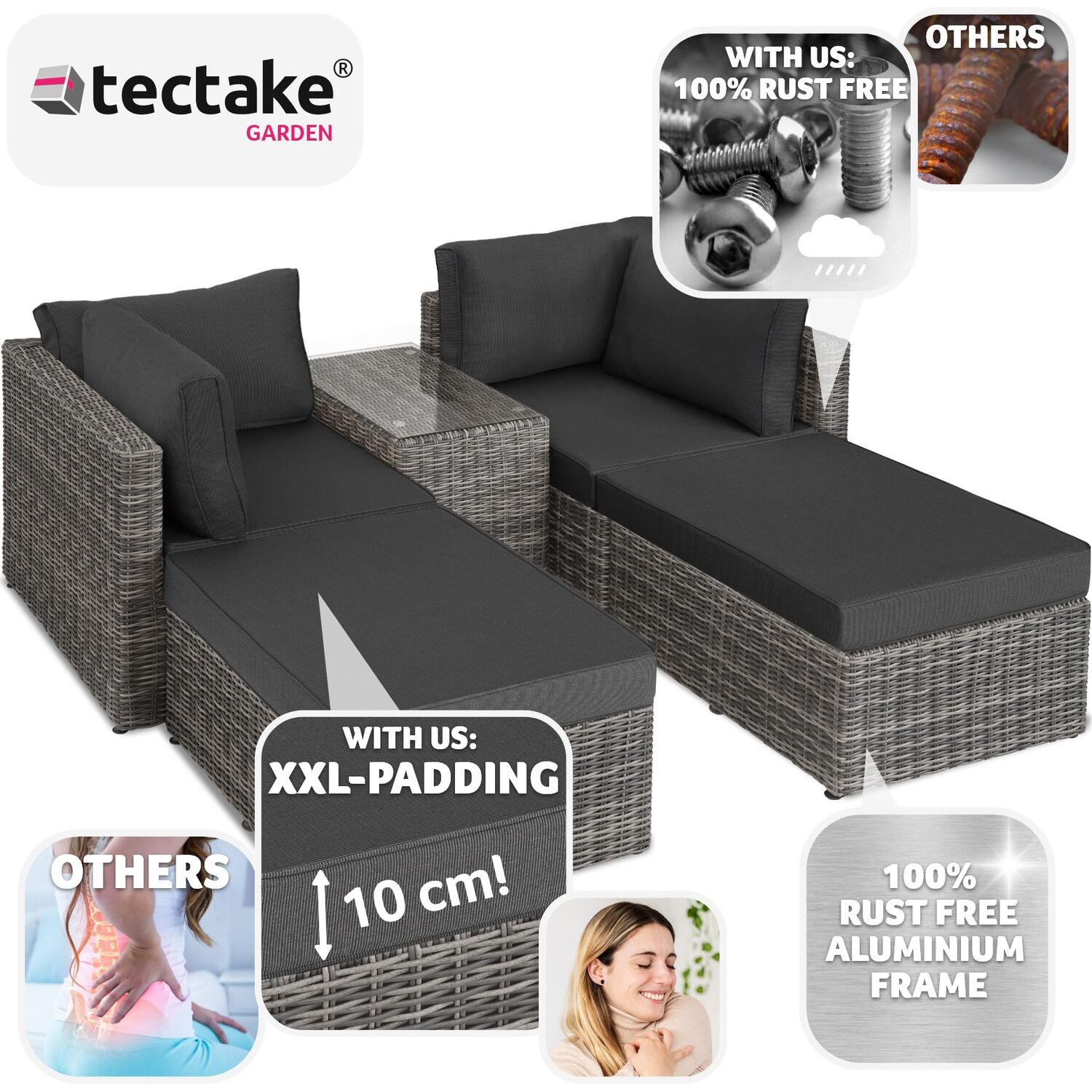 Sun Lounger Set San Domino - 2 Loungers 1 Table Aluminium Frame - Light Grey Dark Grey