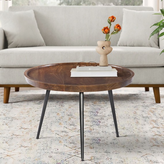 Home Source Manhattan Mango Wood Round Coffee Table with Metal Legs 