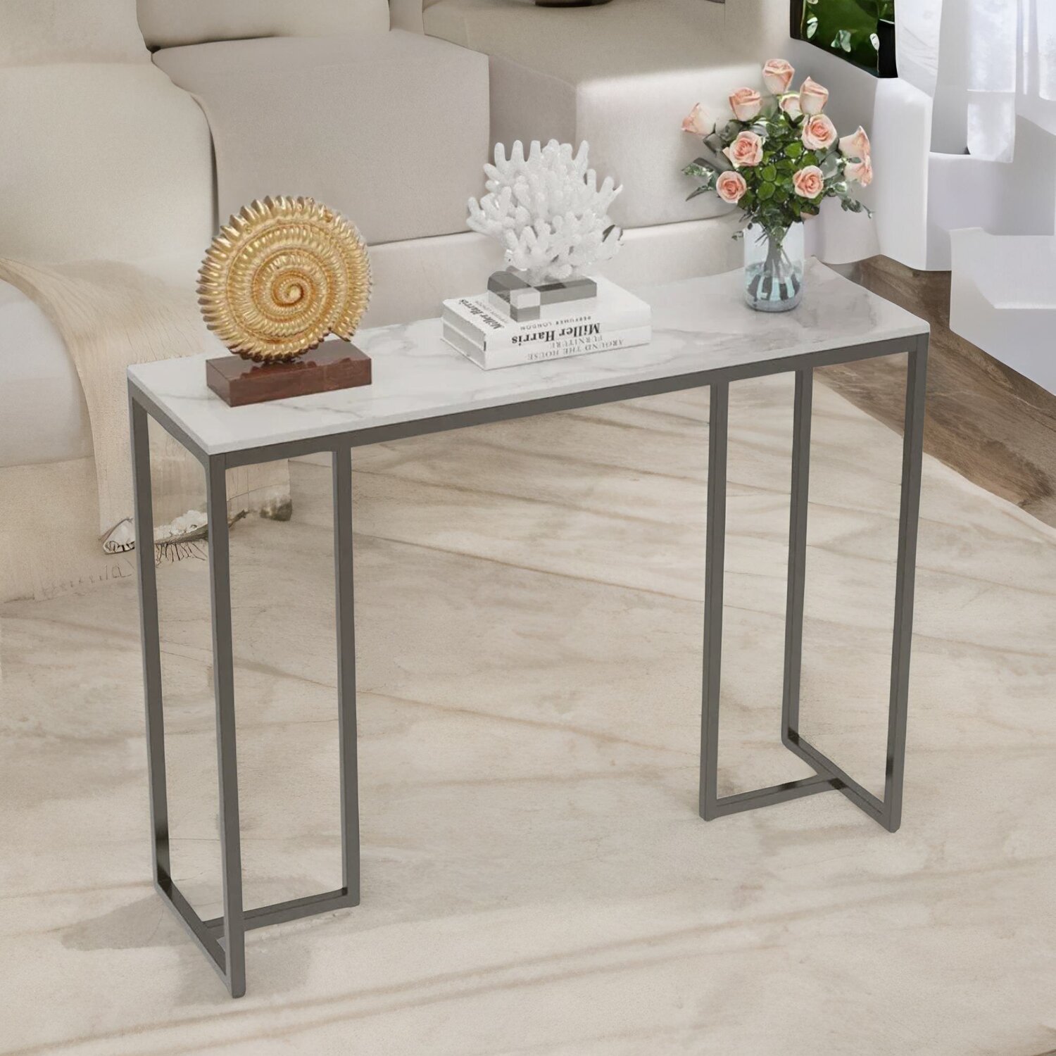 Marble Console Table With T-shaped Legs - Black