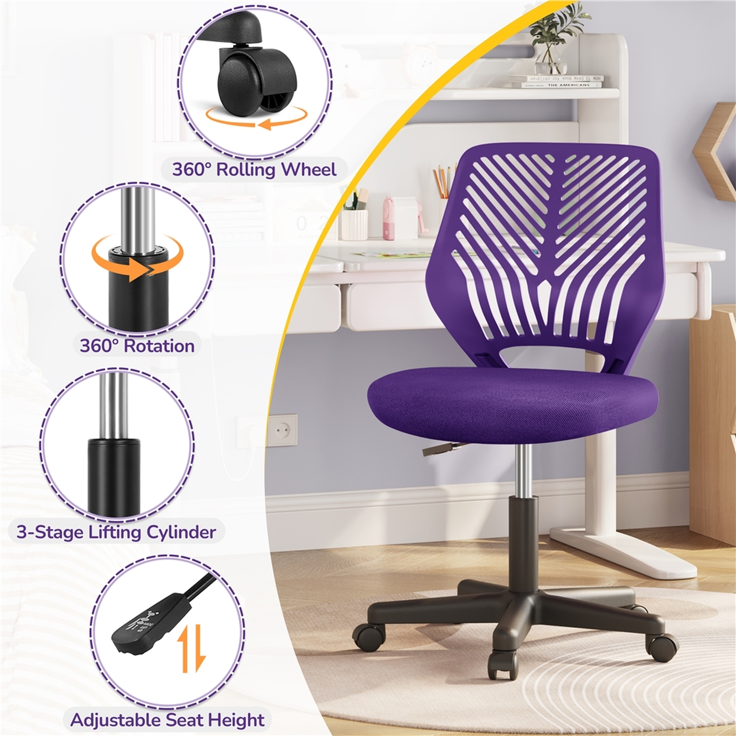 Armless Adjustable Office Chair - Purple