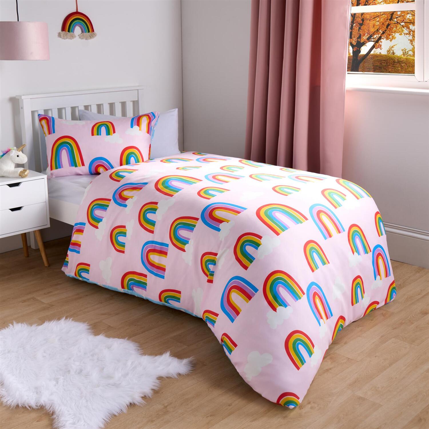 Rainbow Print Reversible Duvet Set - Pink Single