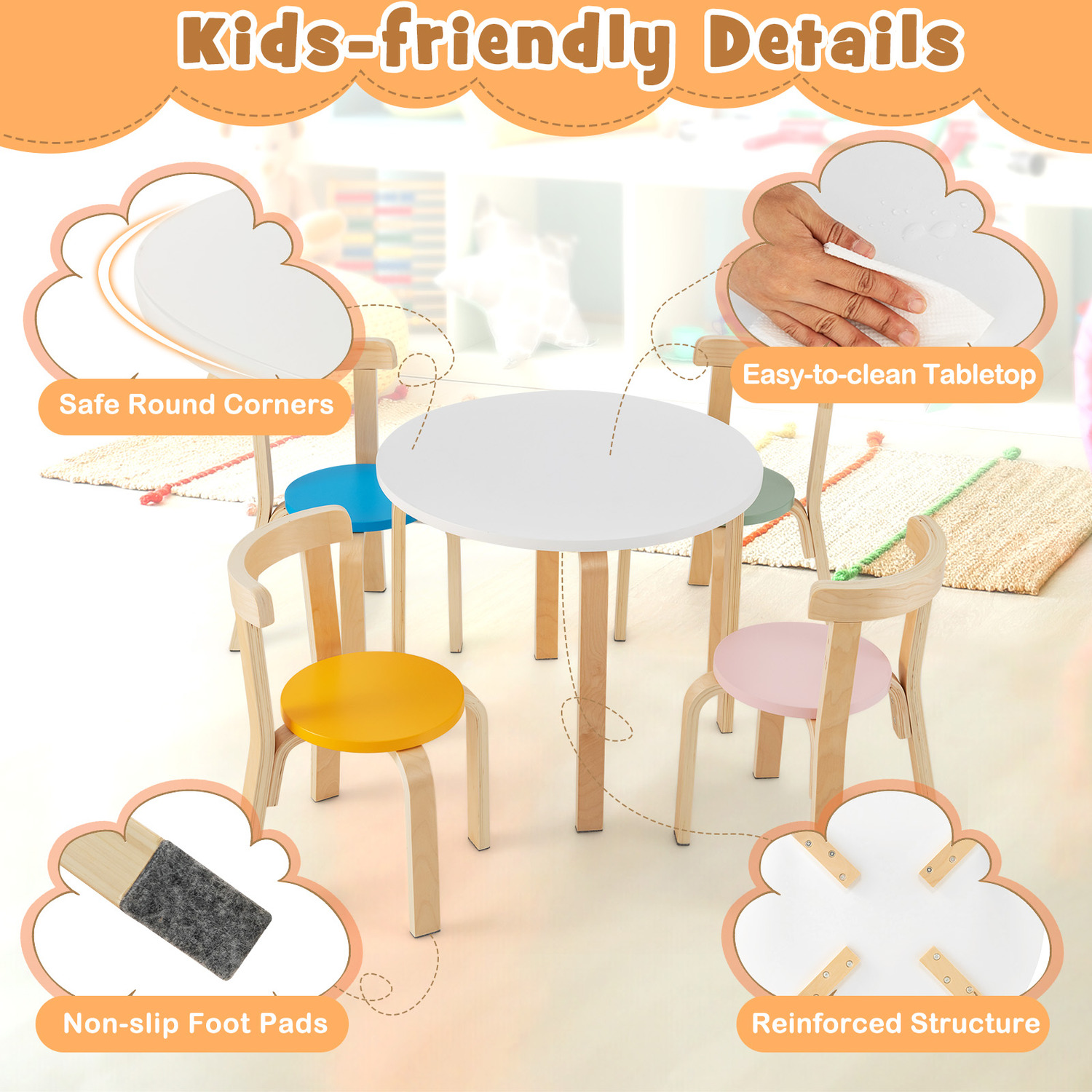 5 Pieces Kids Curved Back Table Chair Set - Natural