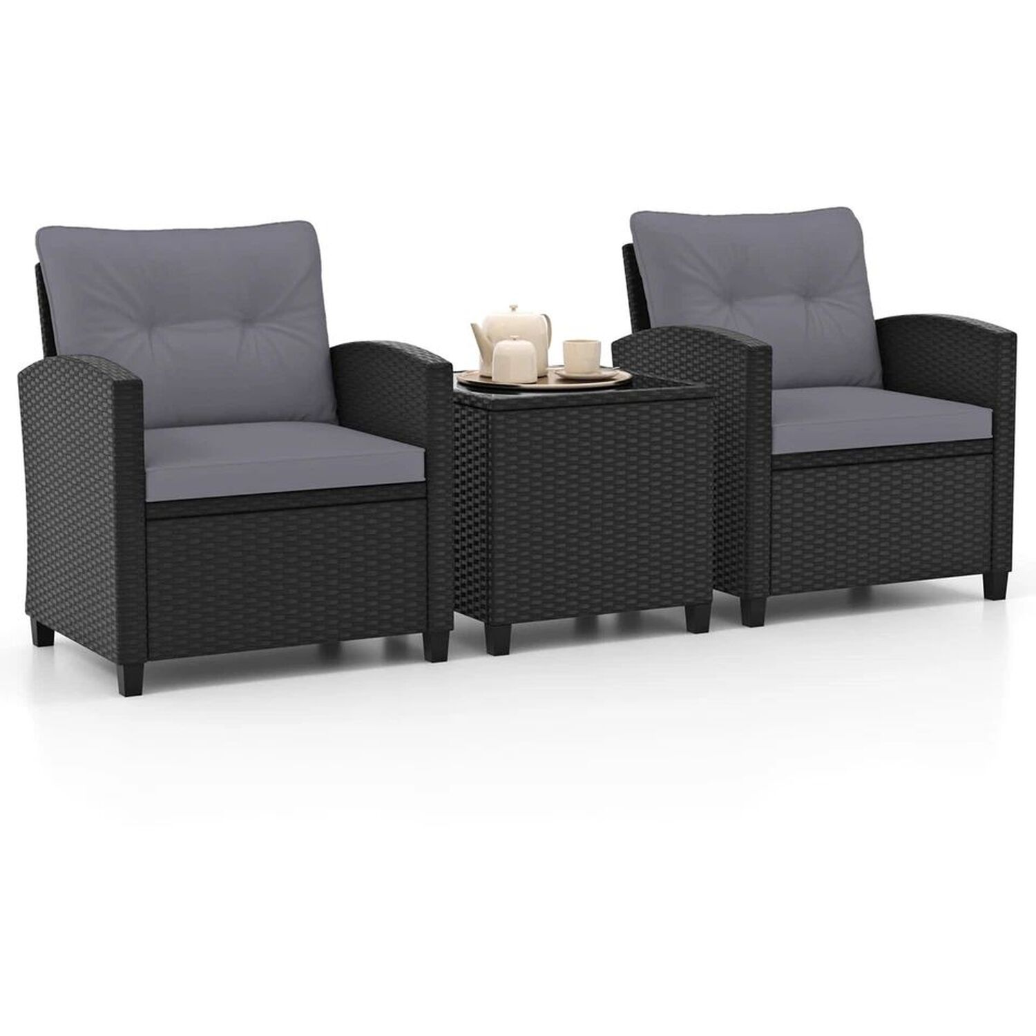 Patio Furniture Bistro Set Rattan With Cushions - Grey