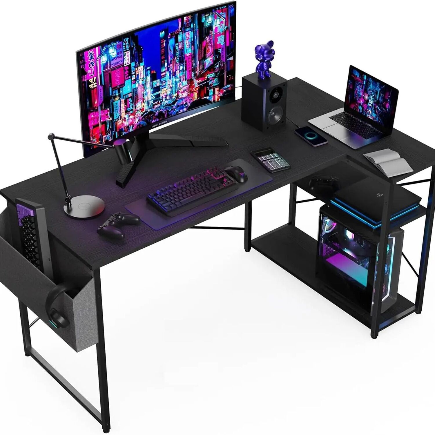 Gaming Desk With Storage And Shelves - Black