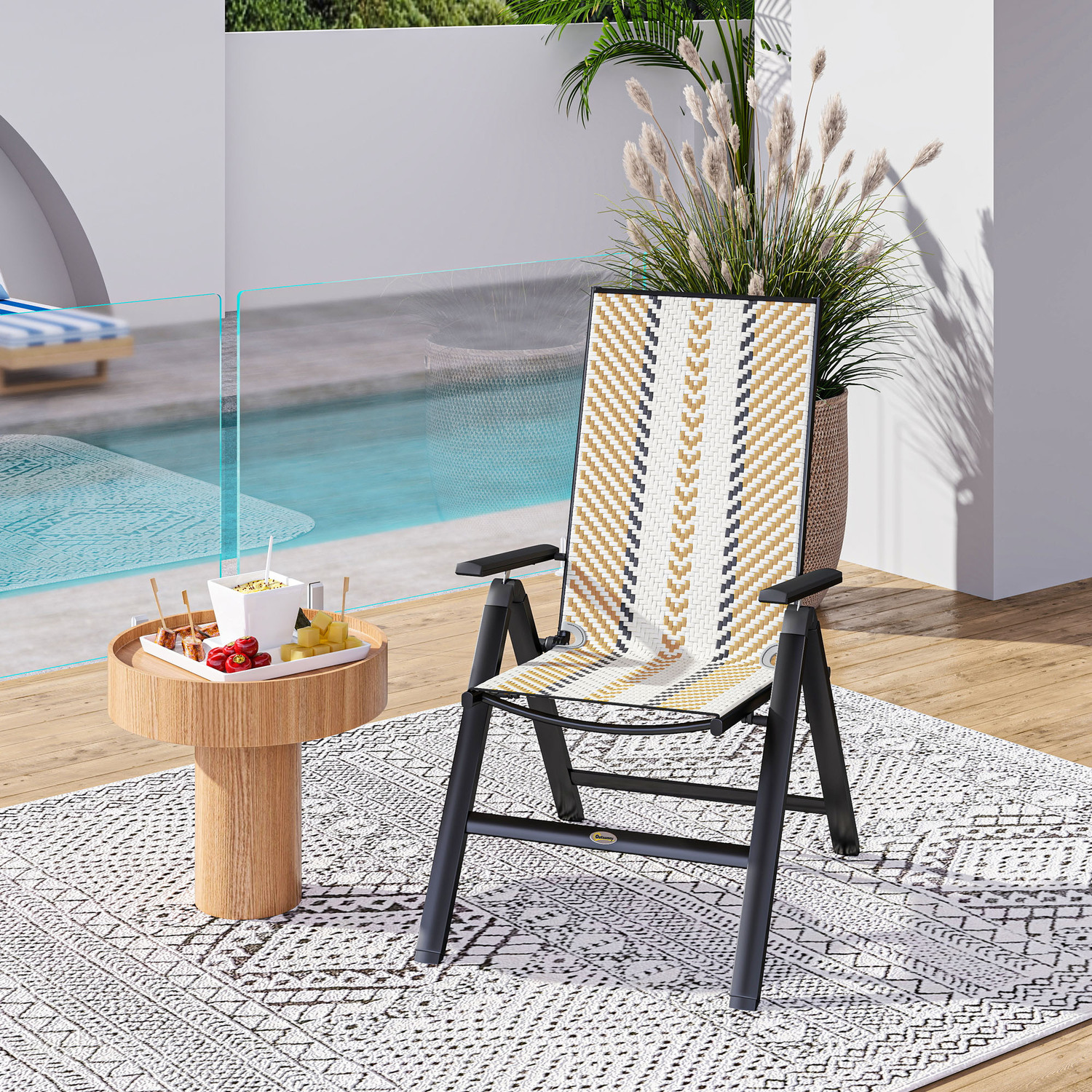 Outsunny Rattan Folding Chair With 5 Position Adjustable Backrest - Orange