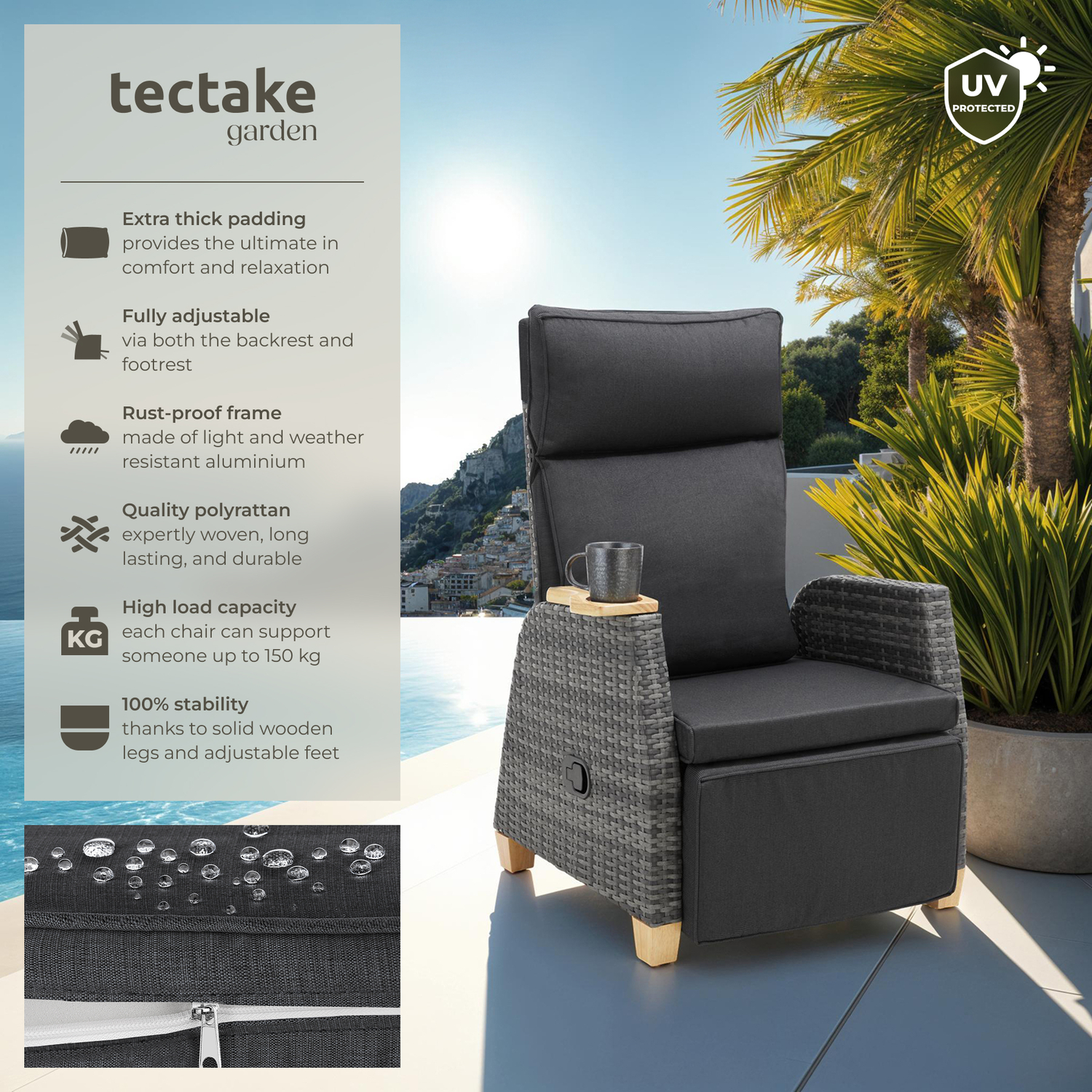 Garden Chair Pescara - Reclining Adjustable Footrest Thick Padding - Grey 2