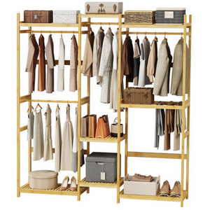 Large Wooden Clothes Rack with Storage Shelves