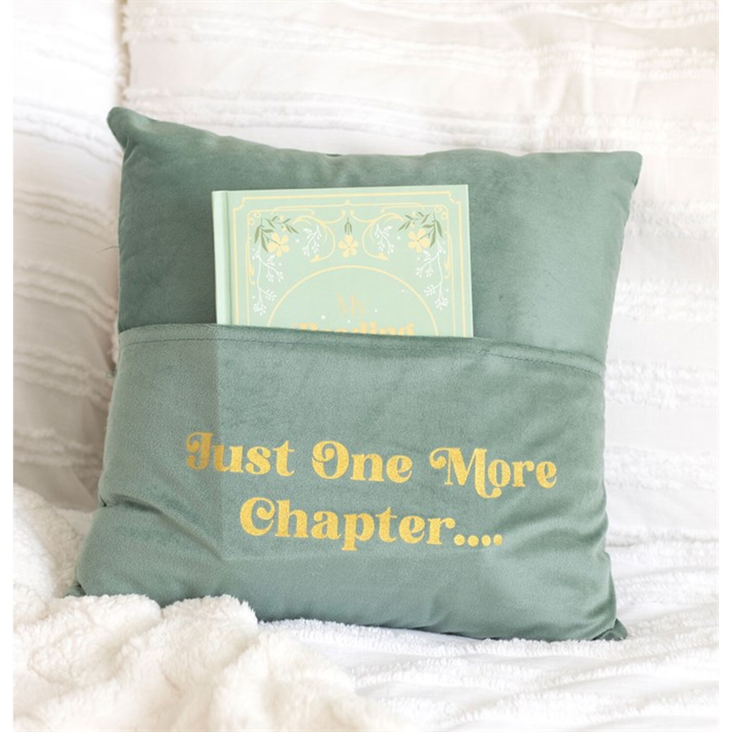 Book Lovers Cushion with Pocket - Green