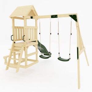 GALACTICA Outdoor Wooden Swing and Slide Set, Built-in Desk Bench