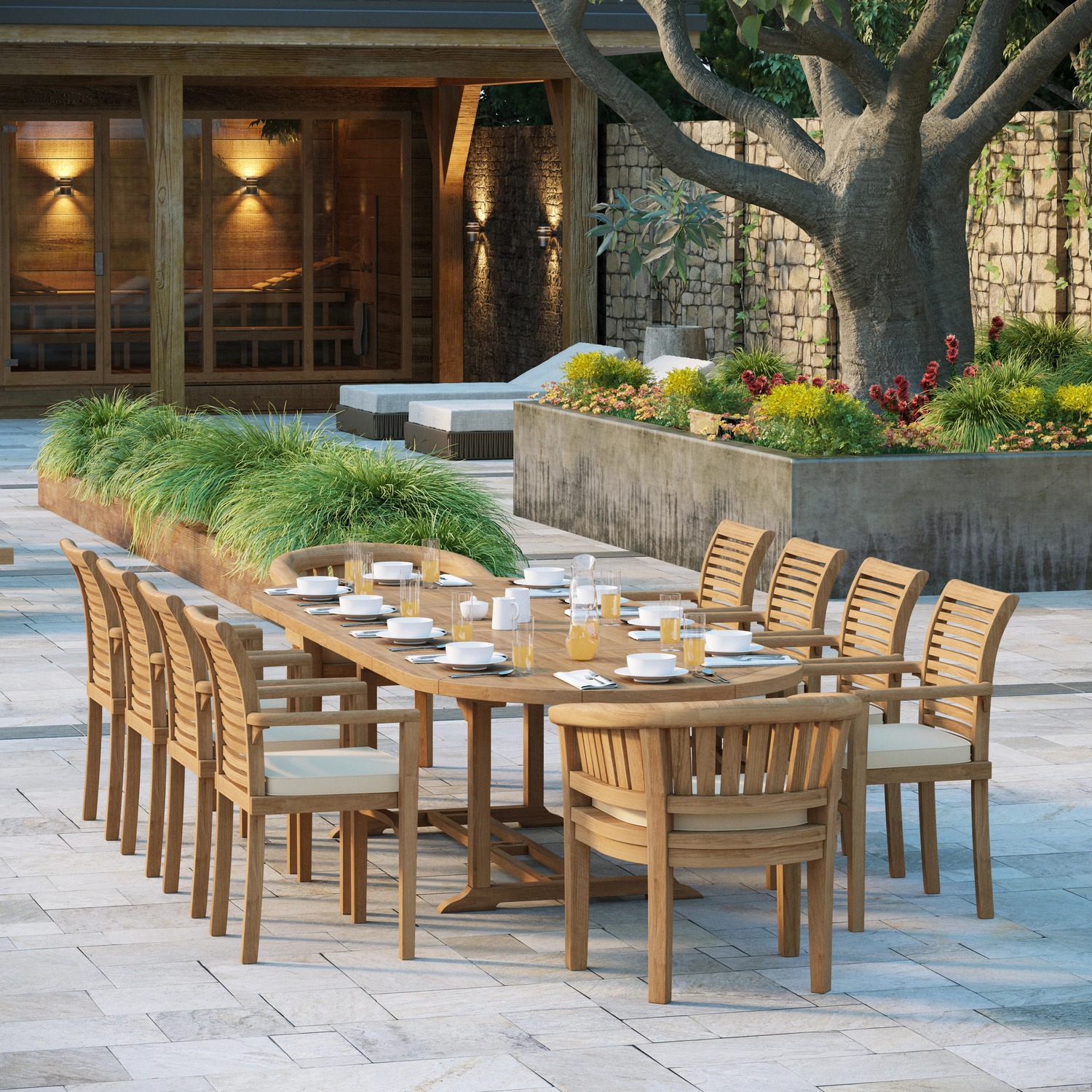 Milano Teak Garden Dining Table And 10 Seat Chair Set - Teak Table 10 Chairs Black Cushions