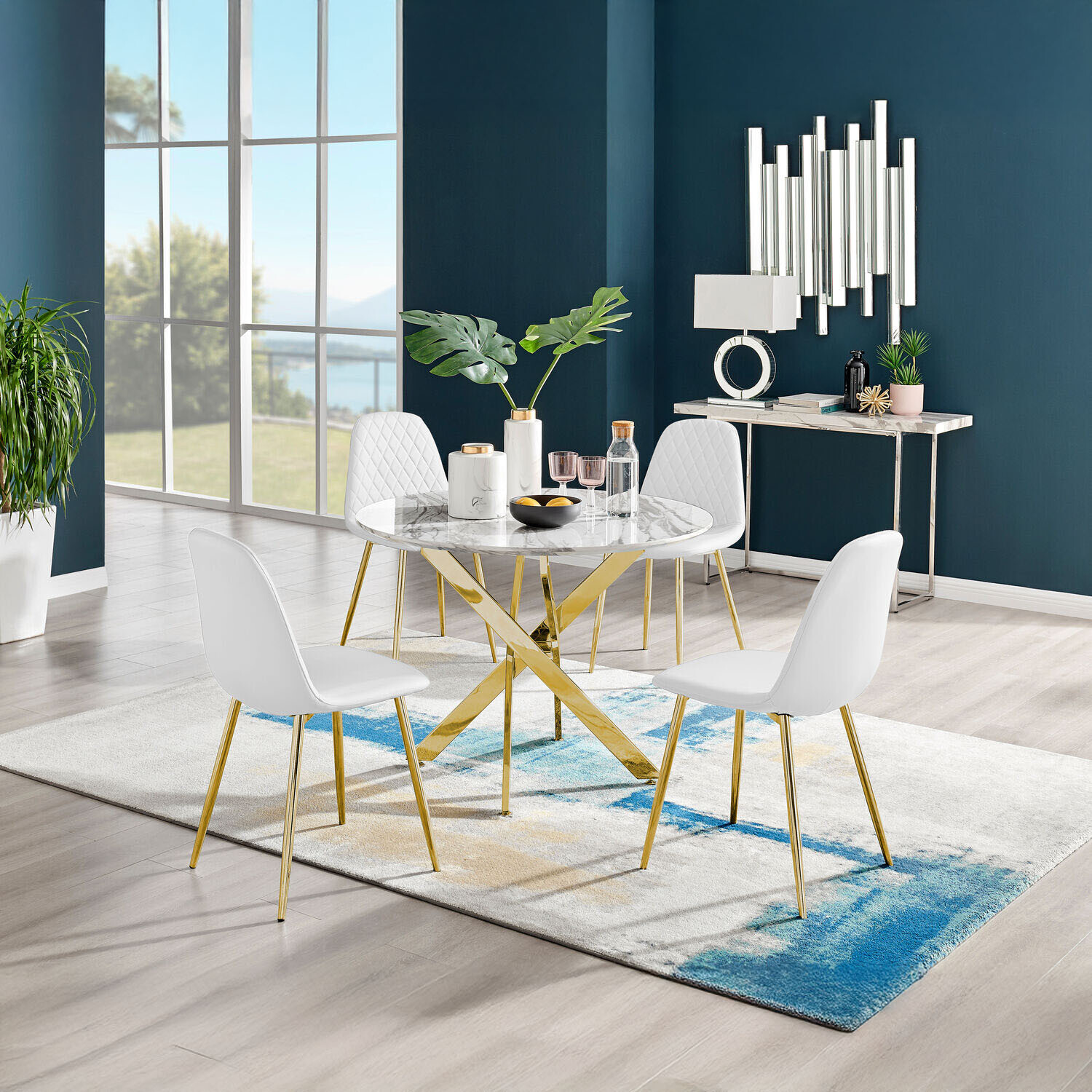 Novara White Marble Effect Gold Leg Dining Table  4 Corona Gold Leg Chairs - White