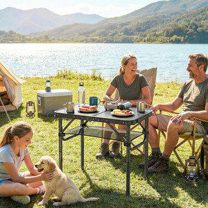 Outsunny 2ft Folding Camping Table with Storage Layer, Black