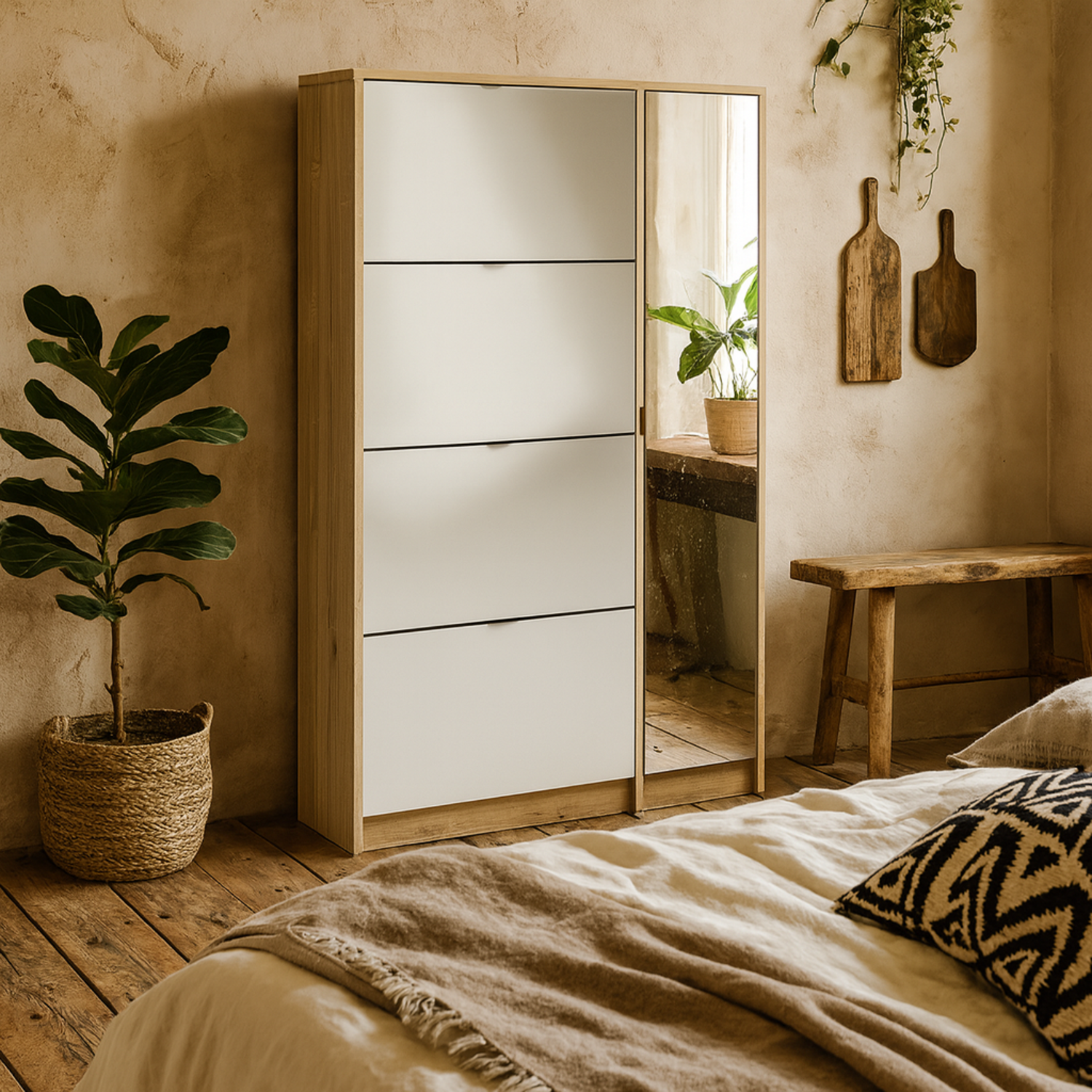 Prague Oak-effect Shoe Cabinet With Mirror And 4 Flip-down Compartments - White