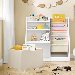 3-Tier Kids Bookshelf with Fabric Pockets and Drawer - White