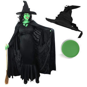 Wicked Witch Halloween Costume - Cape, Dress, Hat & Face Paint