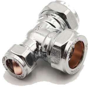 PrimaPlus Chrome Compression Reduced Tee 22 x 15 x 22mm - 24053808 - Premium Brass Fitting for Water