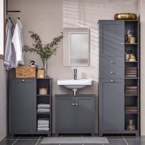 Tall Bathroom Cabinet with 3 Drawers and Laundry Basket