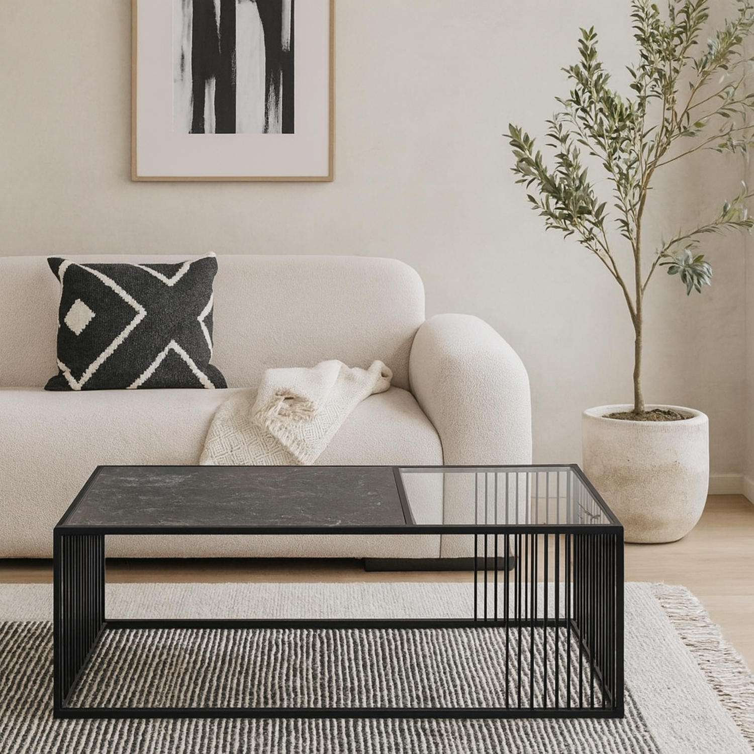 Porto Rectangular Coffee Table Stone Effect and Glass Top Matt - Black