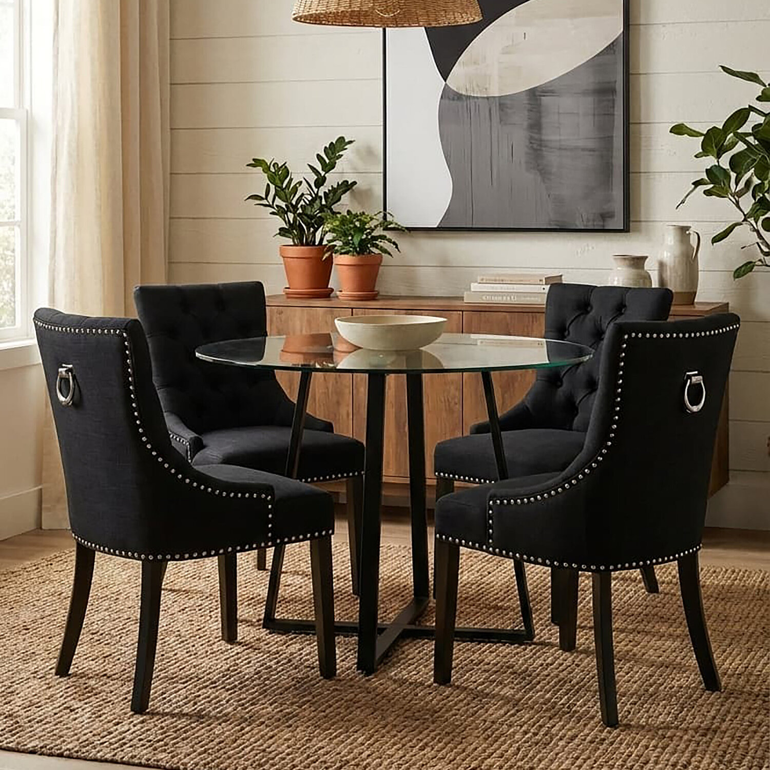 Metropolitan Round Glass Dining Table with Black Legs - Black