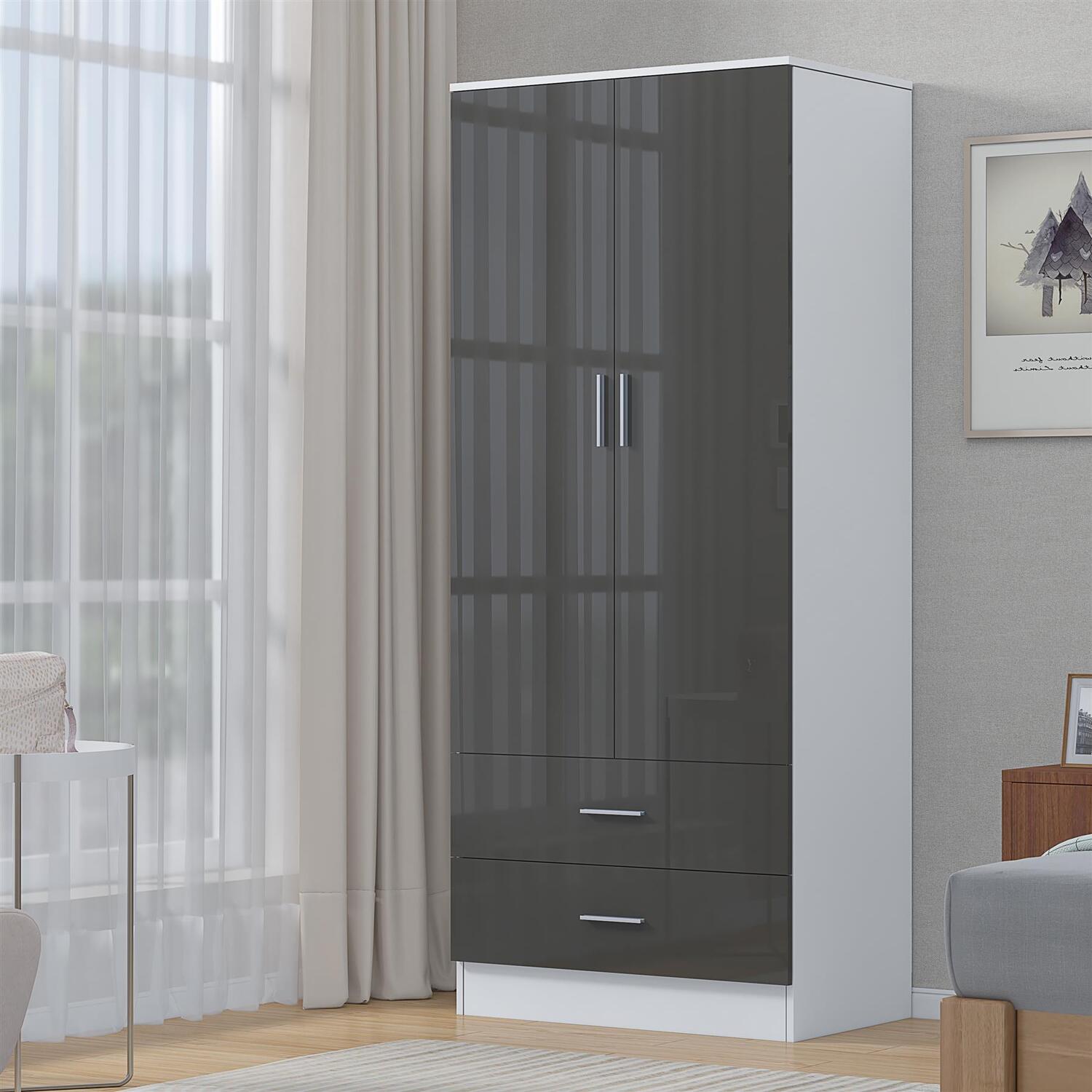 Reflect Wardrobe 2 Door 2 Drawer - Grey High Gloss Front / White Matt Finish - Grey Gloss / Matt White