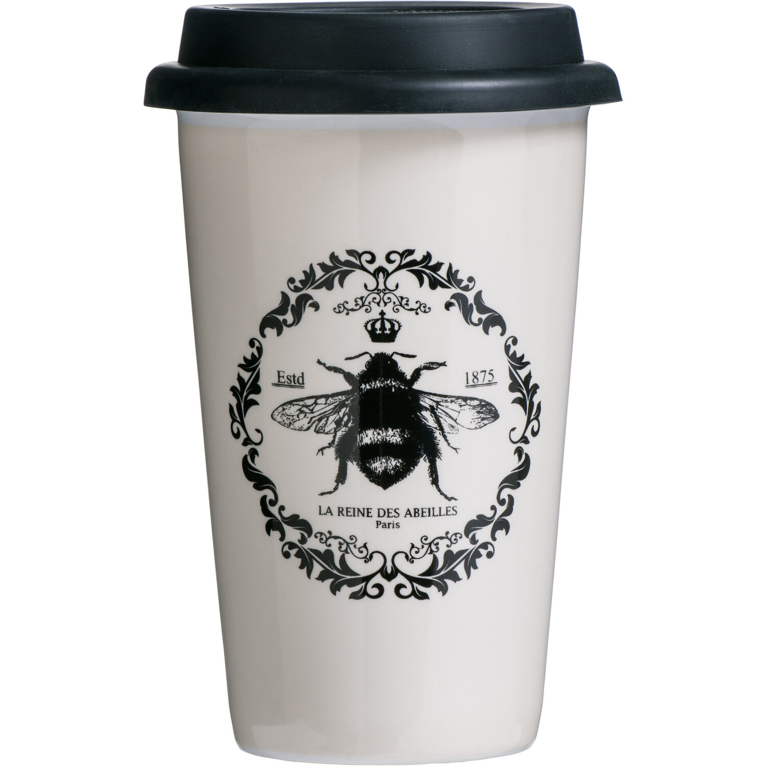 Taza Queen Bee Ceramic Reusable Mug with Silicone Lid - Black, Cream