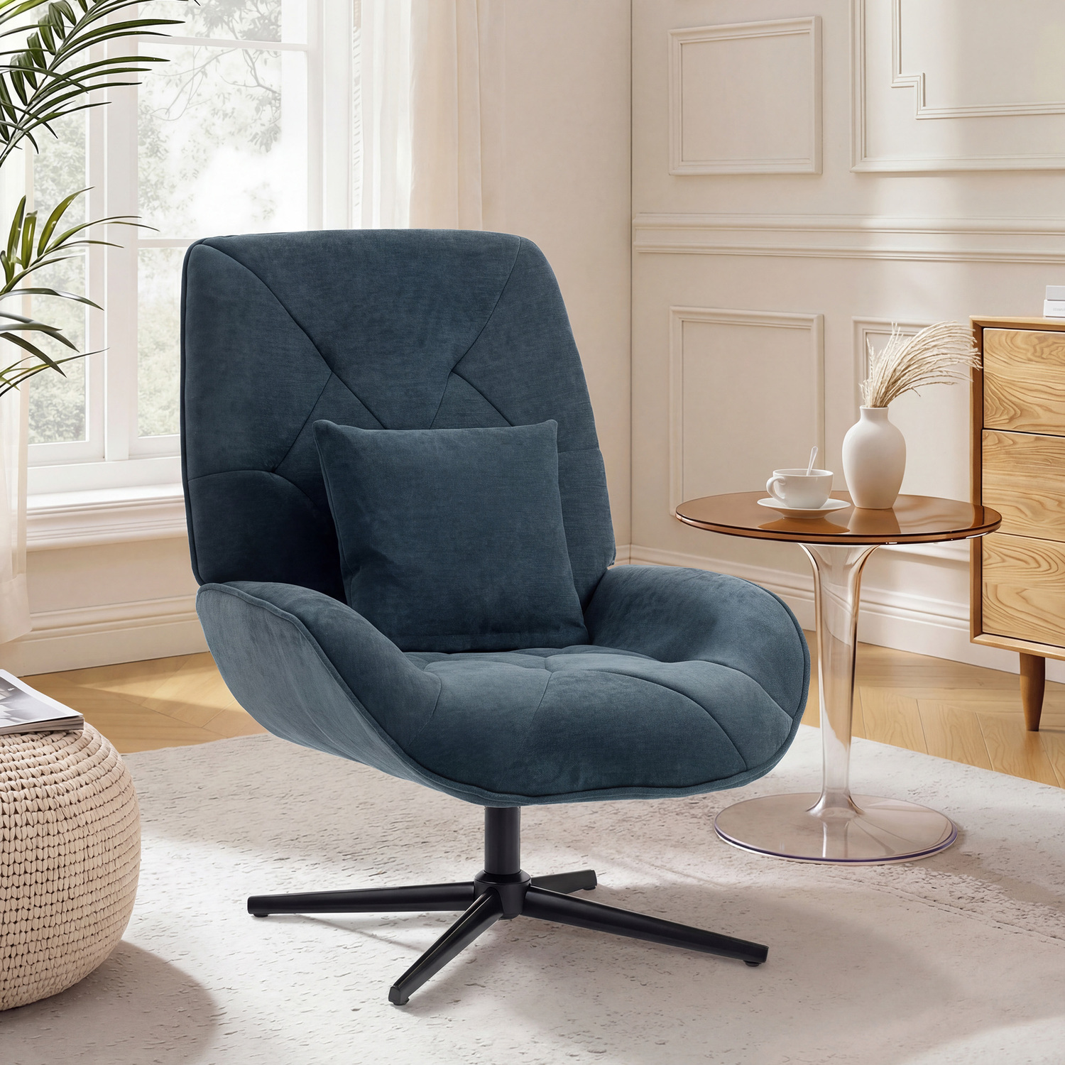 Homcom Swivel Accent Chair, Chenille Armchair With Lumbar Pillow, Dark Green - Green