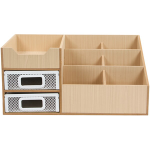 Wood Effect and White Mesh Desk Organiser