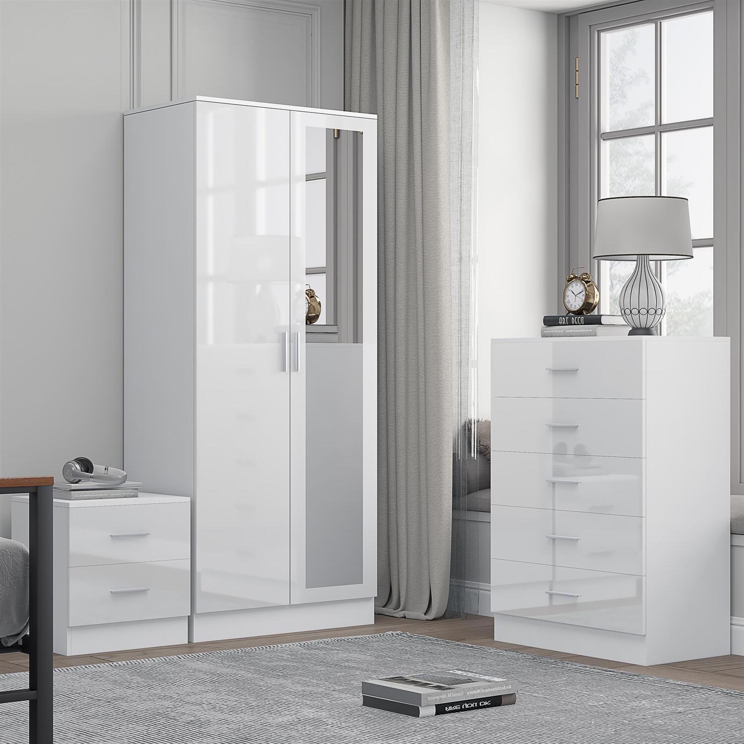 REFLECT 2dr Mirror Wardrobe + 5 Drawer Chest + Bedside - White/White - Image 6