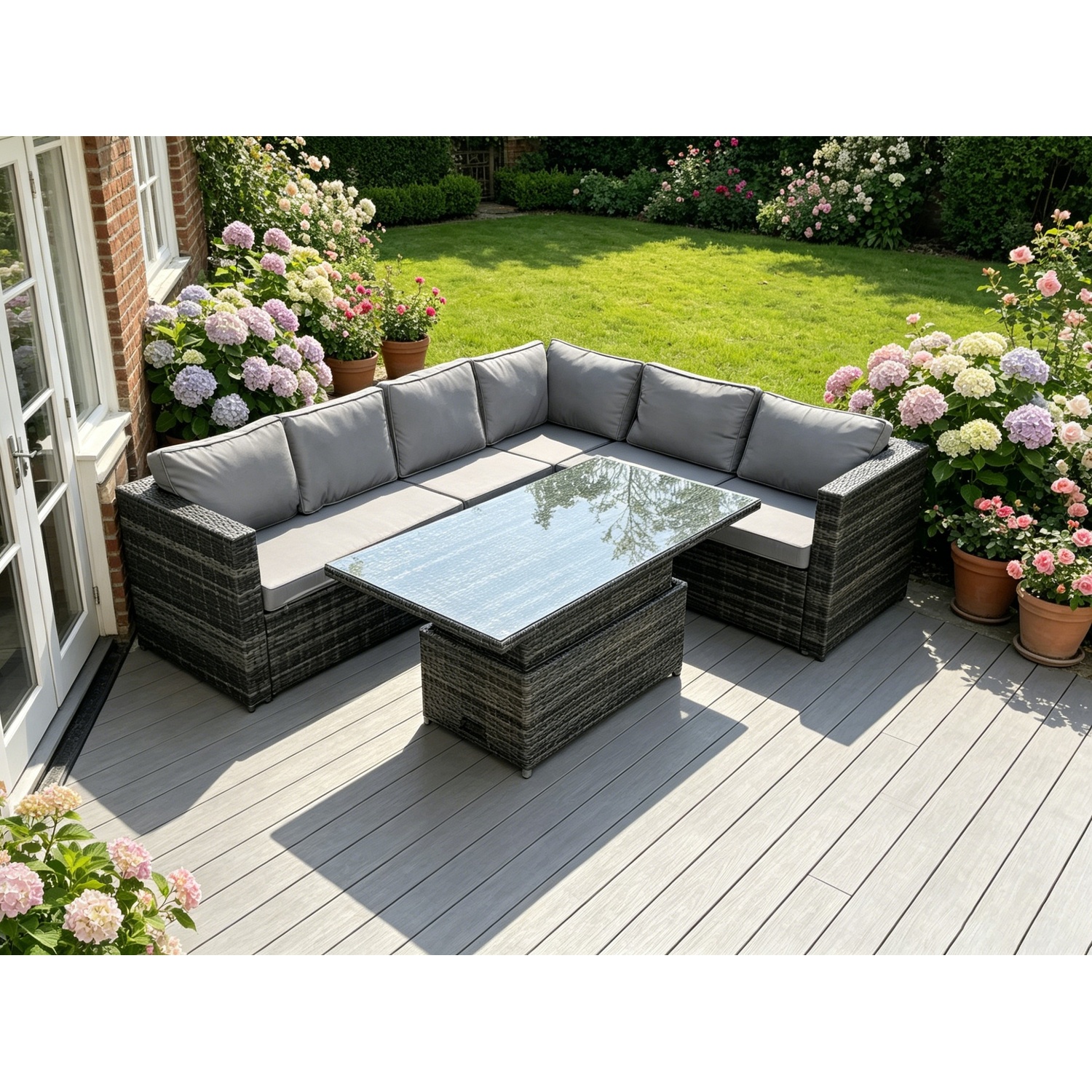 Rackhams Dark/Grey 6 Seater Rattan Corner Sofa Set Rising Adjustable Dining Table Set With Seat And Back Cushion - Image 2