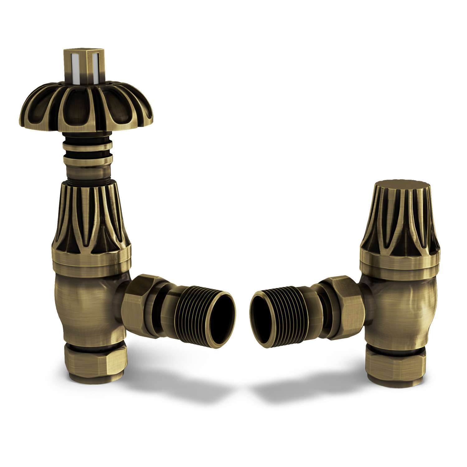 Uk Radiators Signature Metal Head - Polished Brass Thermostatic Radiator Valve & Lockshield Angled - Antique Brass / Trv Valve Head, Lockshield, Pair Of 10Mm Valve