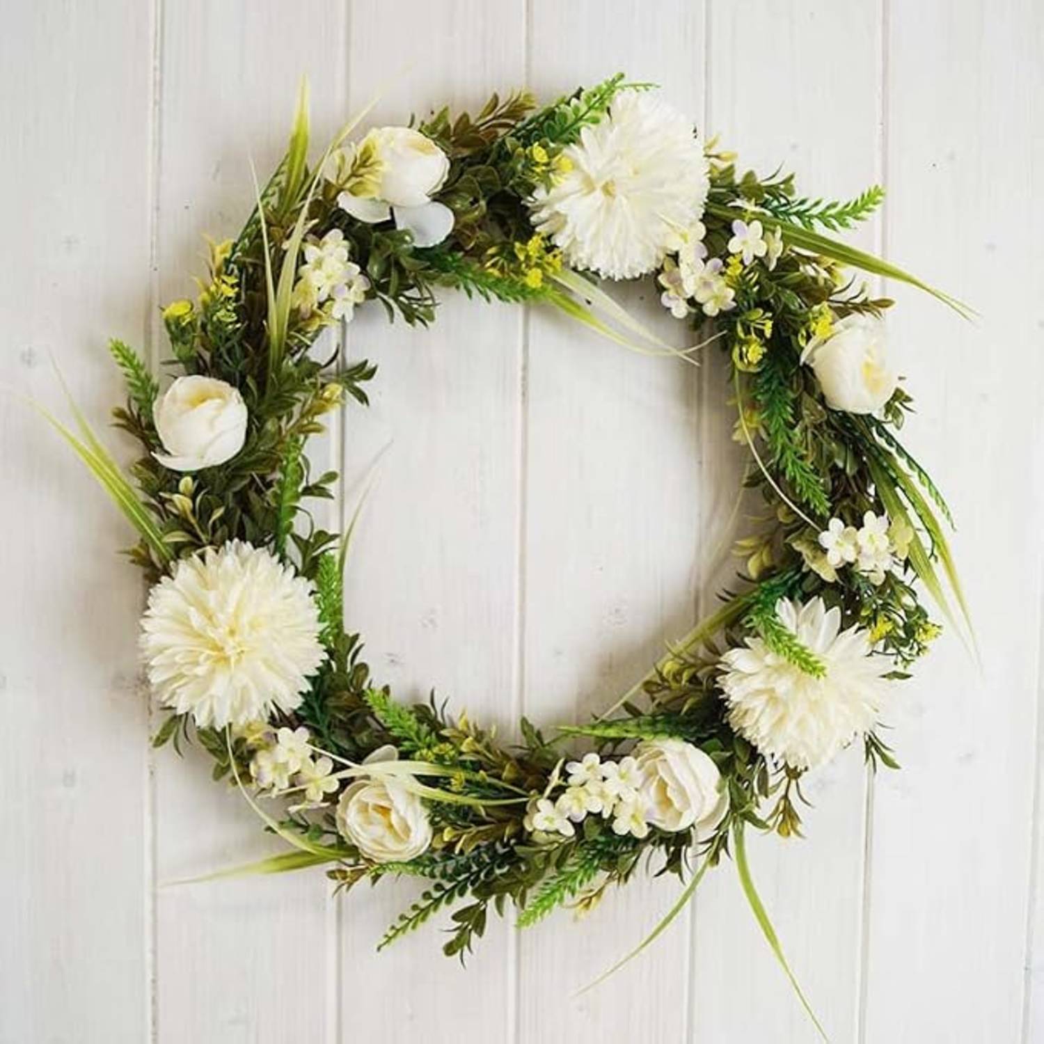 Natural Spring Door / Wall Wreath with White Flowers and Leaves - White