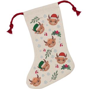 Highland Cow Christmas Stocking - Novelty Xmas Gift - Linen-Style With Red Drawstring Ties