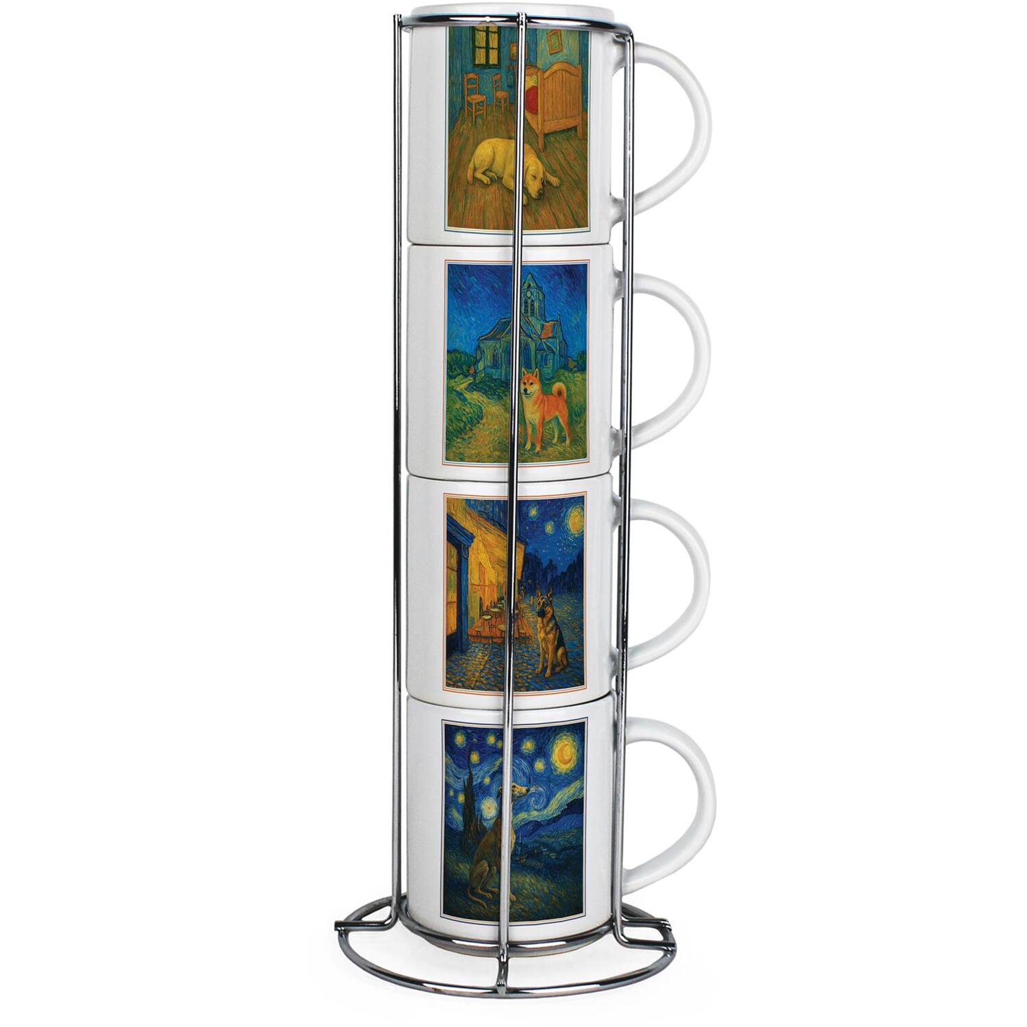Van Gogh Dogs at Night Ceramic Small Stacking Mugs - Set of 4 Dinkware Gift - Image 2