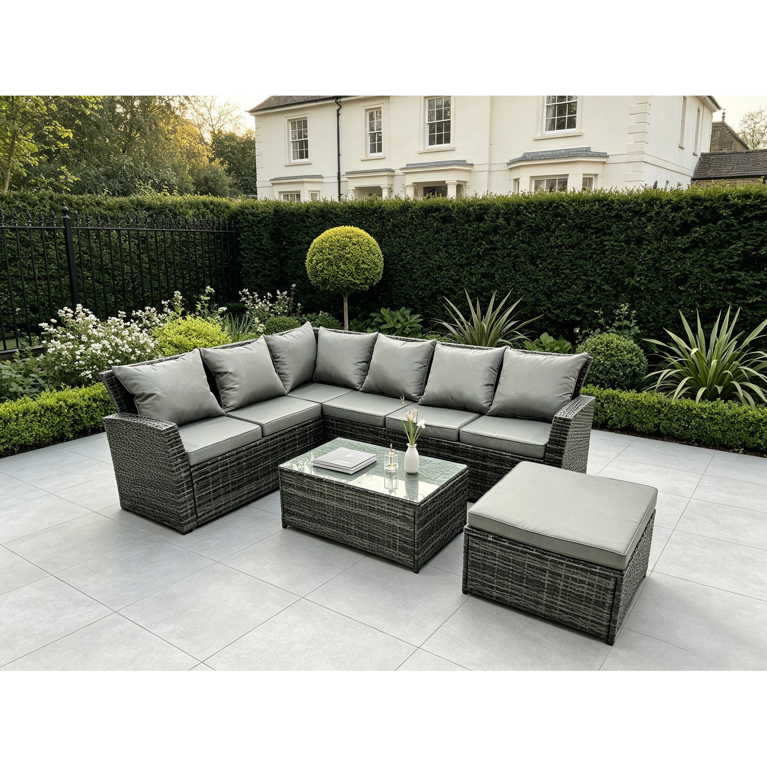 Fimous Dark/Grey 7 Seater High Back Rattan Garden Furniture Set Corner Sofa With Oblong Coffee Table Footstool - Image 2