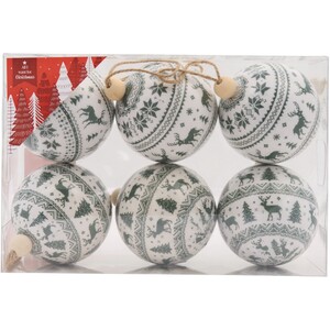 Set of 6 Sage Fair Isle Pattern Baubles