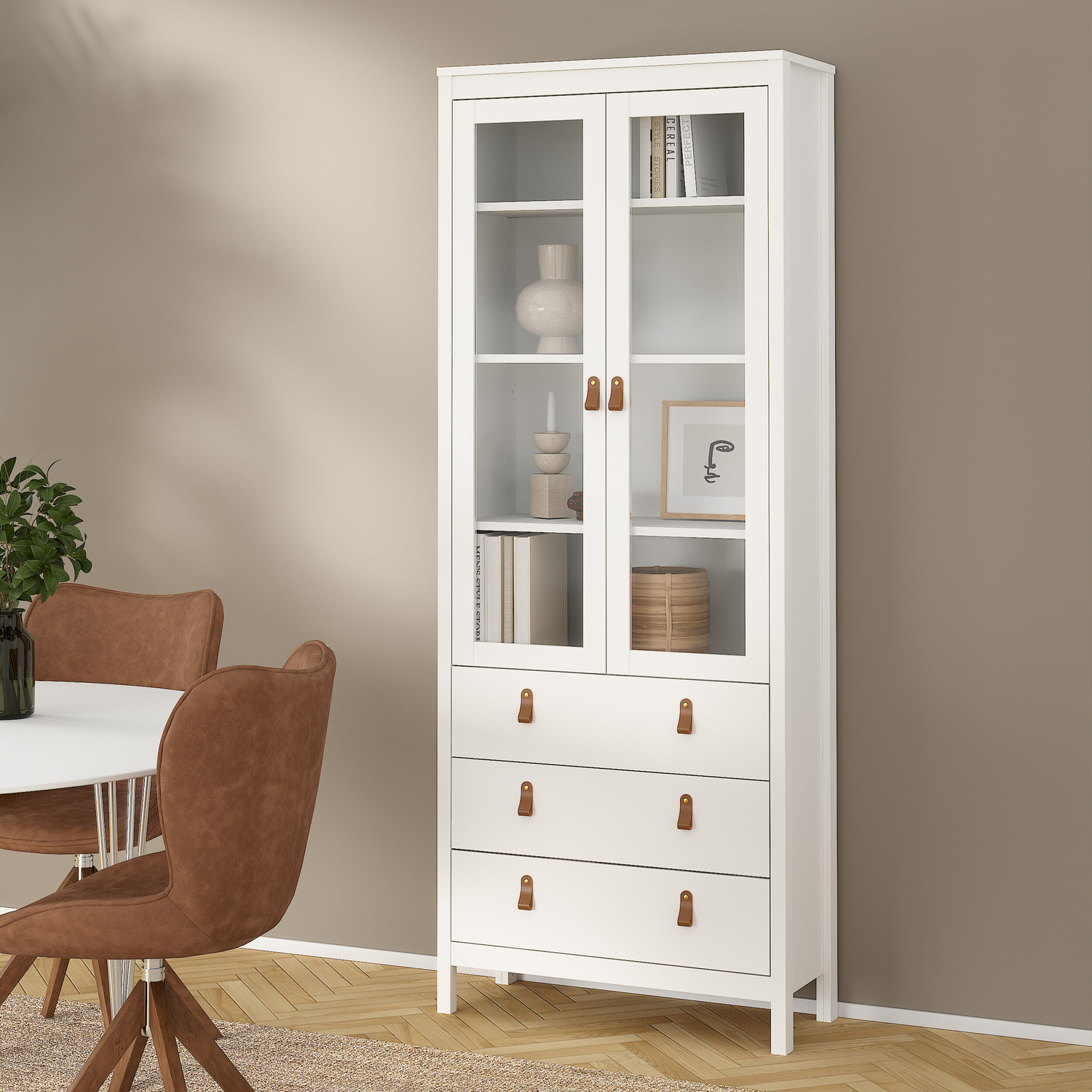 Florence Barcelona White Display Cabinet - 2 Door 3 Drawer - Wood/Leather Handles - Image 3