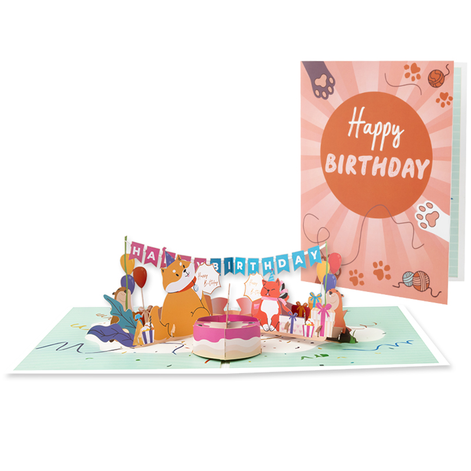 Brightfeel Puppy & Kitty 3D Animal Flag Pop Up Birthday Card - White