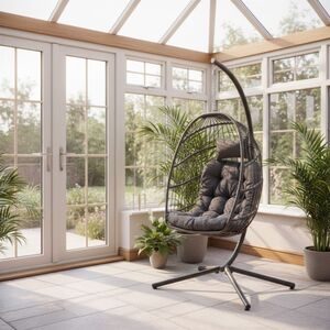 Grey Rattan Hanging Egg Chair with Stand and Cushions for Indoor Use
