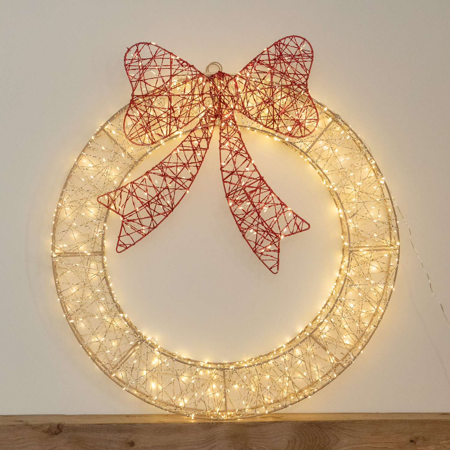 Samuel Alexander Unisex Gold Christmas Wreath With 750 Warm White Leds, Timer & Red Bow In 70Cm - Image 3