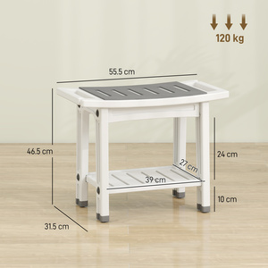 HOMCOM 2-Tier Shower Bench with Shelf 4 Legs White and Grey