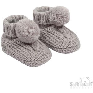 Grey Elegance Cable Knit Bootees with Pom Pom NB - 12 Months