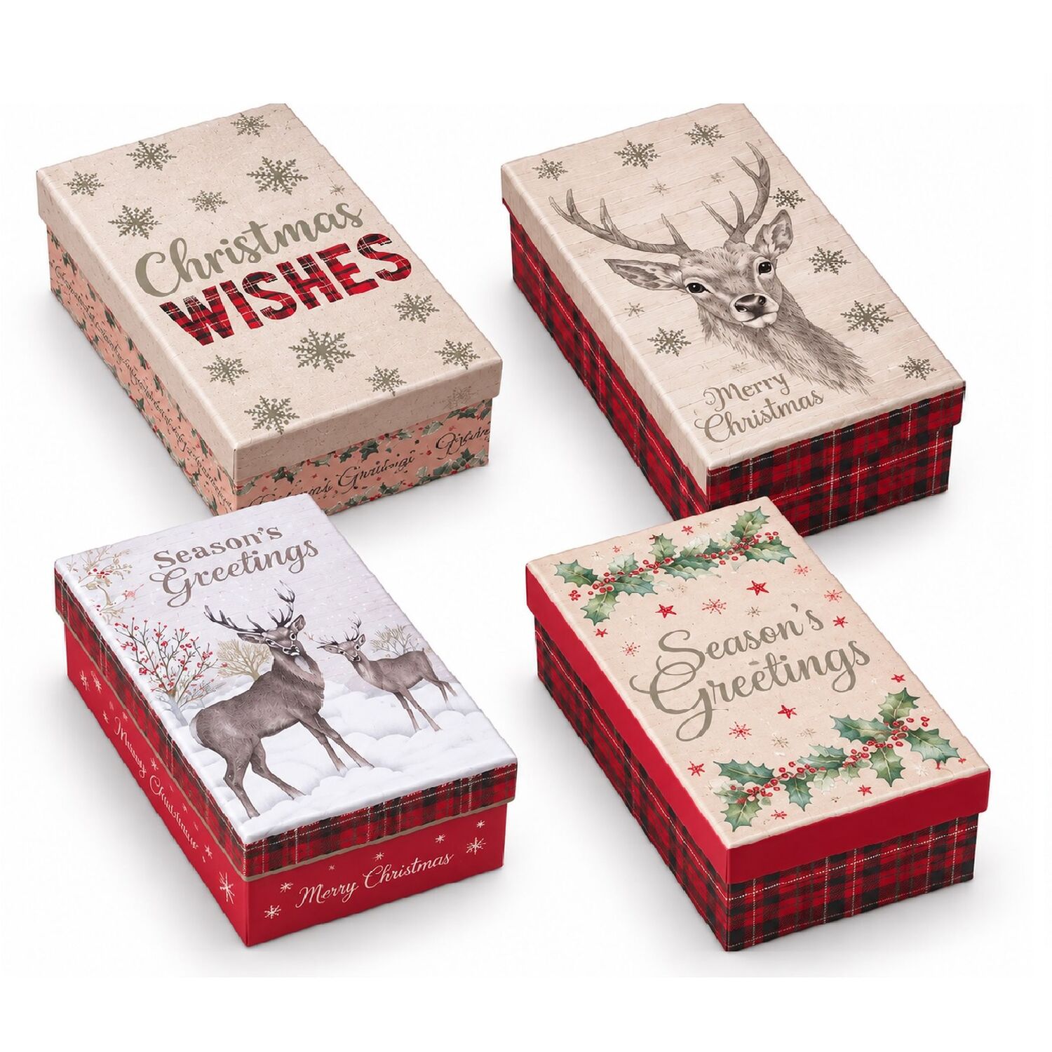 Small Christmas Gift Boxes With Lid Set Of 4 Tartan Stag Traditional Box 11.5cm - Image 2