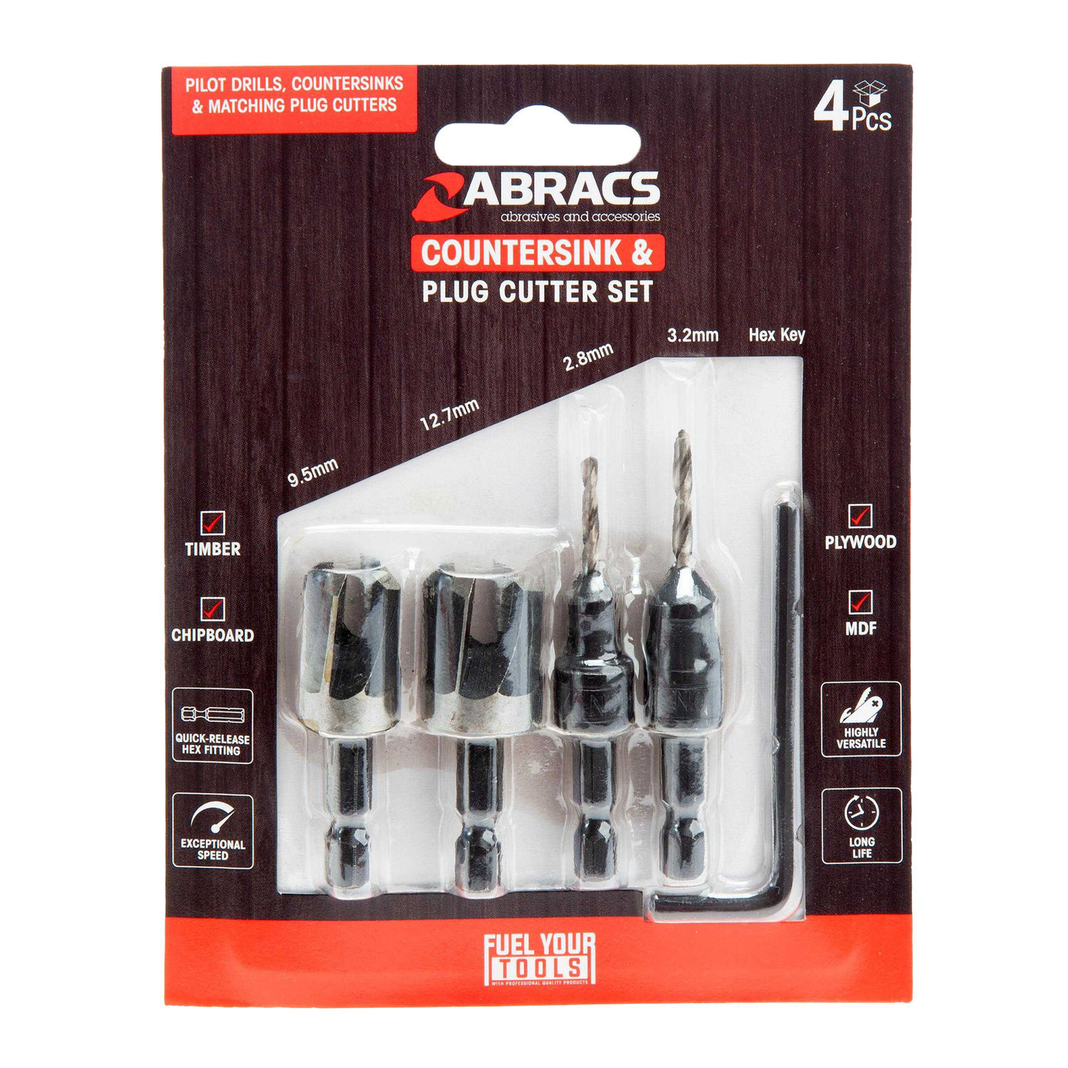 Abracs Countersink Drill Bit Set (Pack Of 4) - Black/Silver