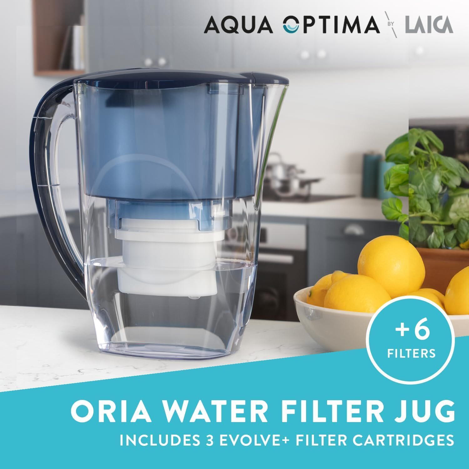 Aqua Optima Oria Water Filter Jug & 6 Evolve+ + 6 Filters, Blue - Image 3