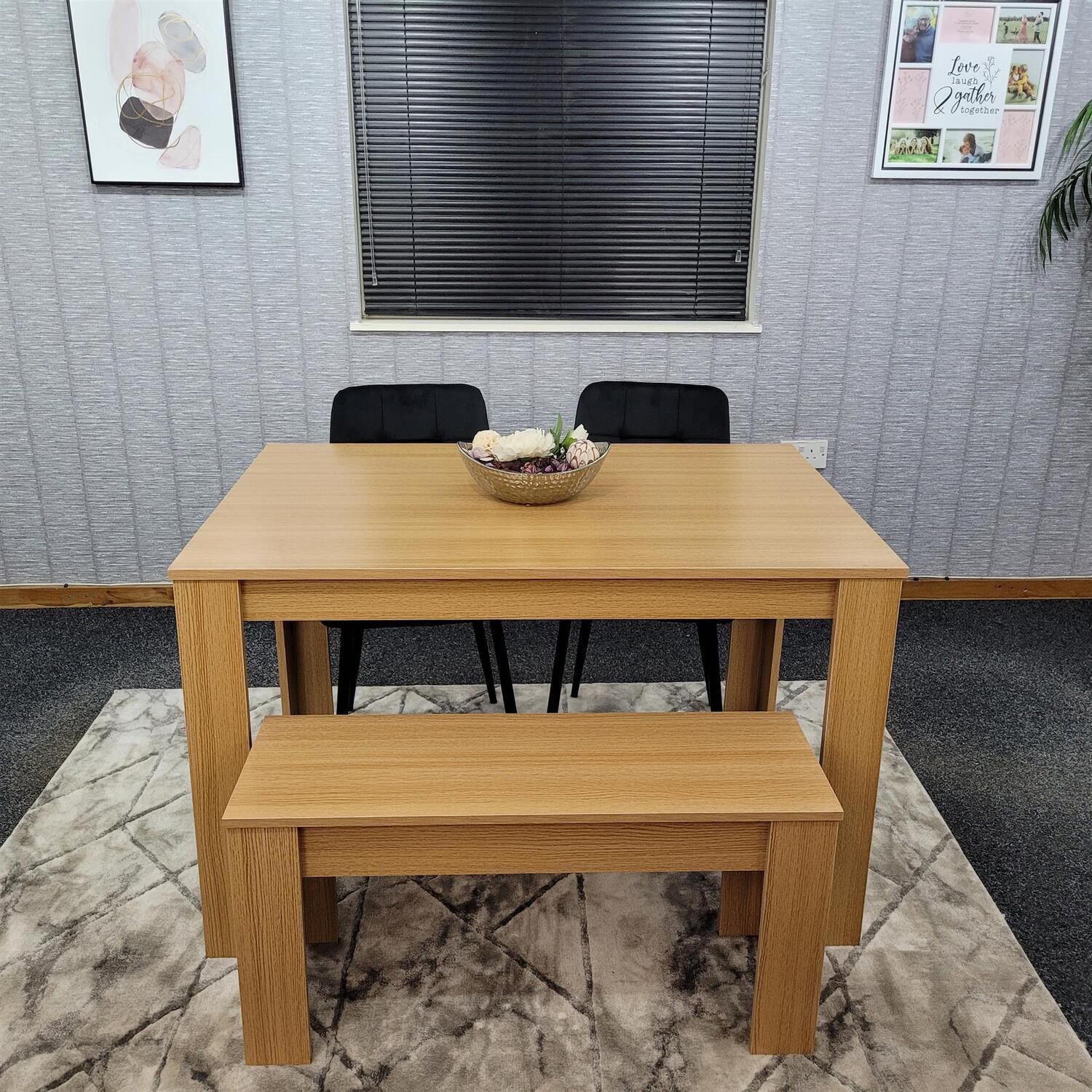 Kosy Koala 4 Seater Modern Light Wood Dining Table Set With 2 Black Velvet Chairs And Bench - Brown