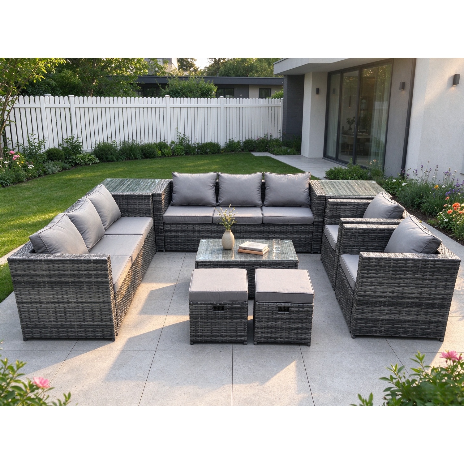 Rackhams Dark/Grey Mixed Pe Rattan Outdoor Lounge Set - 2 Armchairs, Oblong Coffee Table, 2 Side Tables & 2 Small Footstools - Image 2