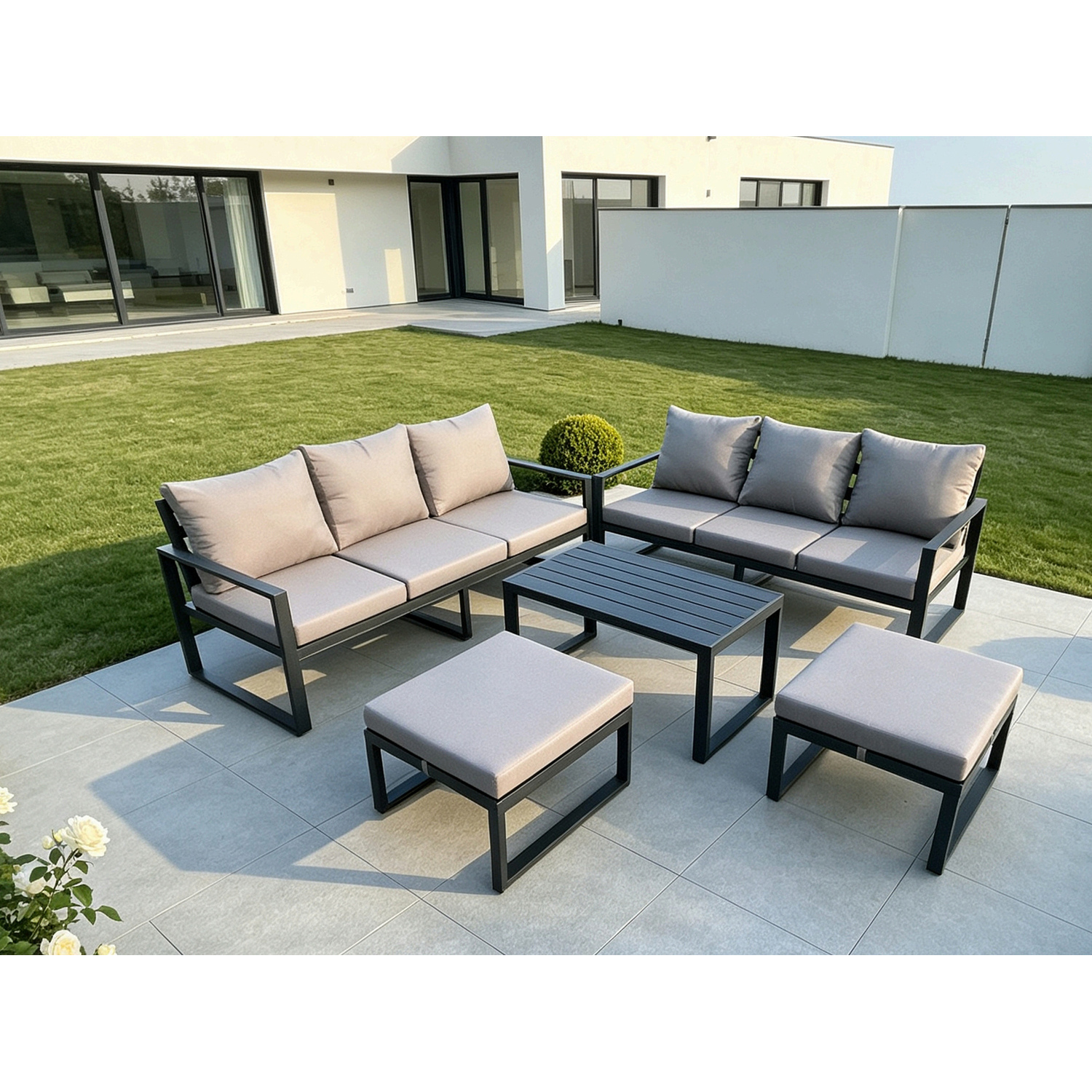 B&Q - Aluminium Patio Outdoor Garden Furniture Lounge Sofa Set With Oblong Coffee Table 2 Big Footstools Dark Grey - Image 2